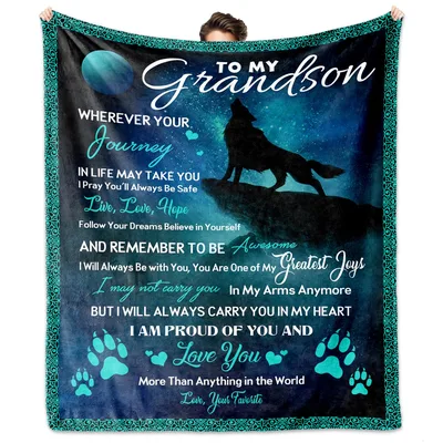 Grandson Wolf Blanket featuring a heartfelt message to my grandson