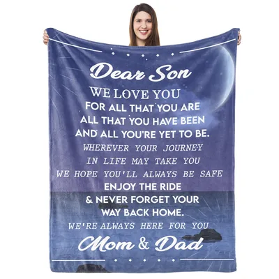 Dear Son We Love Blanket featuring a heartfelt letter from Mom