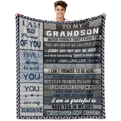 Grandson Letter Message Blanket features a rustic wooden