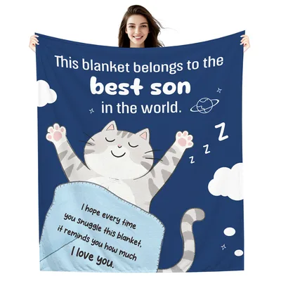 Son Cat Blanket: Best Son in the World with Stretching Tabby