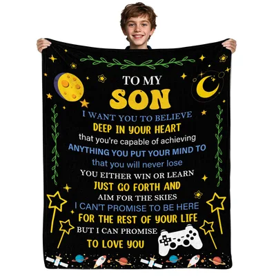 To My Son Believe Blanket featuring a space theme
