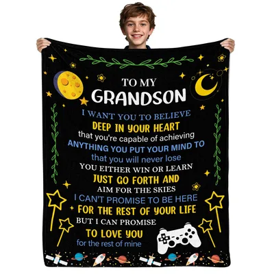 To My Grandson Believe Blanket featuring a space theme