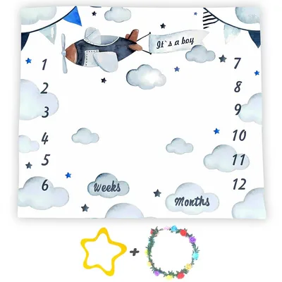Baby Boy Monthly Milestone Blanket with Airplane and Clouds Design