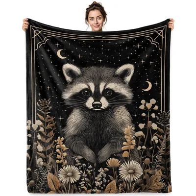Raccoon Moon Celestial Blanket: Raccoon Art with Stars and Flowers