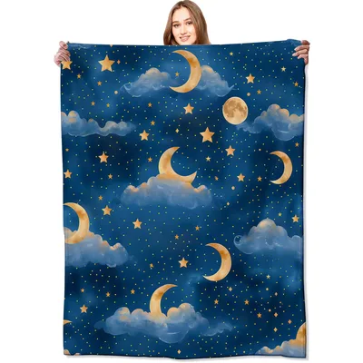Night Sky Blanket: Crescent Moons and Stars on a Deep Blue Background