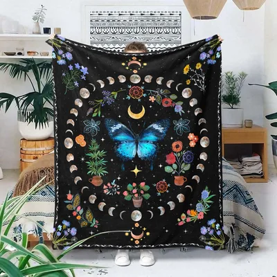 Butterfly Moon Phases Florals Blanket Celestial Botanical Design