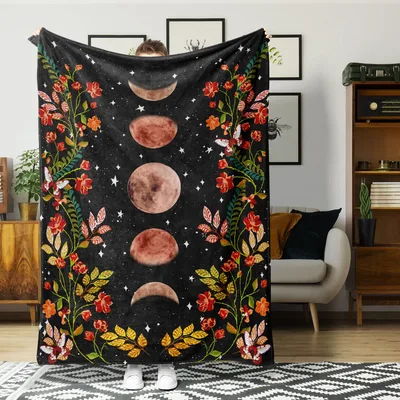 Moon Phases Floral Blanket: Celestial Moons Framed by Botanical Vines
