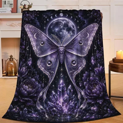 Mystical Purple Luna Moth Blanket featuring a celestial moth