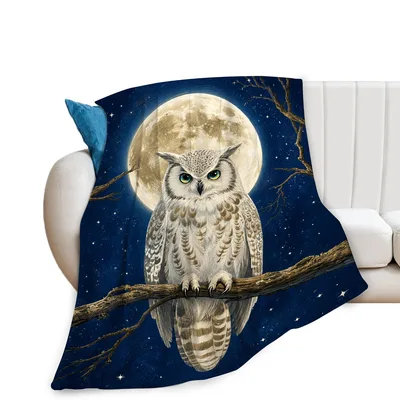 Owl Moon Night Blanket: Realistic Owl Perched Before Full Moon
