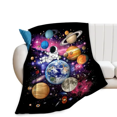 Space Astronaut Planets Blanket features a floating