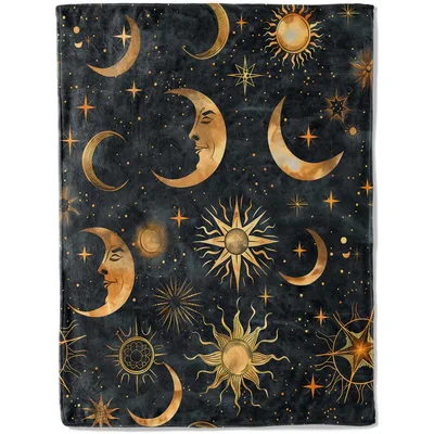 Celestial Sun Moon Stars Blanket: Golden Celestial Art Design