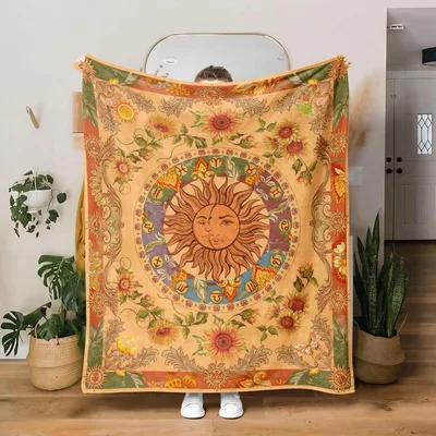 Sun Moon Boho Blanket: Vintage Sun and Moon Design with Sunflowers
