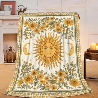 Sun Moon Sunflowers Blanket: Vintage Celestial and Floral Design