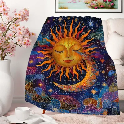 Sleepy Sun and Crescent Blanket: Celestial Art with a Smiling Sun