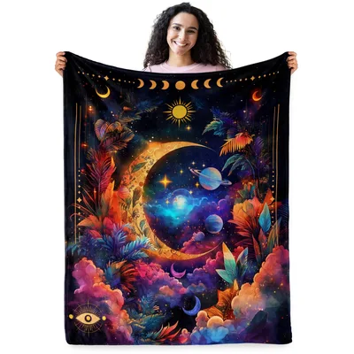 Celestial Moon Galaxy Blanket: Cosmic Moon and Floral Art