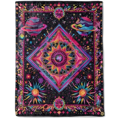 Cosmic Mandala Planets Blanket features vibrant psychedelic