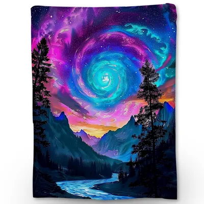 Galaxy Space Mountains Blanket: Cosmic Nebula and Pine Forest Design