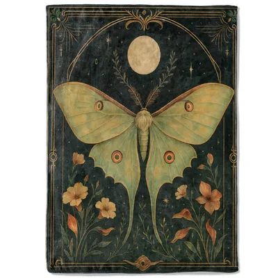 Luna Moth Celestial Art Blanket: Vintage Moth and Moon Design