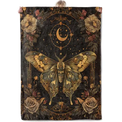 Gold Moth and Crescent Blanket: Celestial Moth and Moon Design
