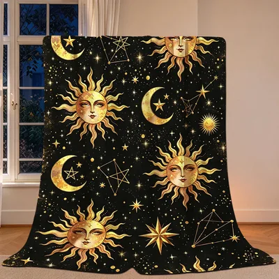 Golden Sun Moon Blanket: Celestial Art with Faces and Stars