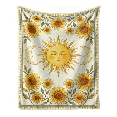 Sunflower Sun Moon Cream Blanket Celestial Floral Design