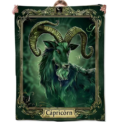 Capricorn Zodiac Goat Blanket: Vintage Green Ram Art with Gold Frame