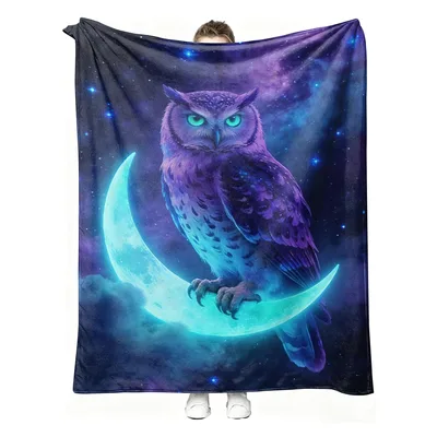 Owl Moon Celestial Blanket: Purple Owl Perched on Glowing Crescent