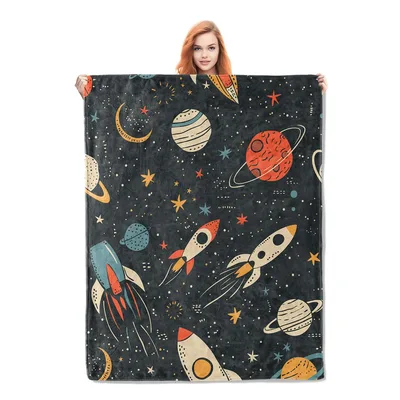 Retro Space Rockets Blanket: Vintage Rocket Ship and Planet Design