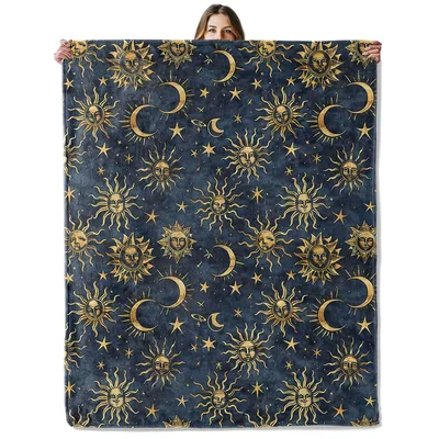 Midnight Navy Sun Blanket Celestial Sun Moon and Star Pattern