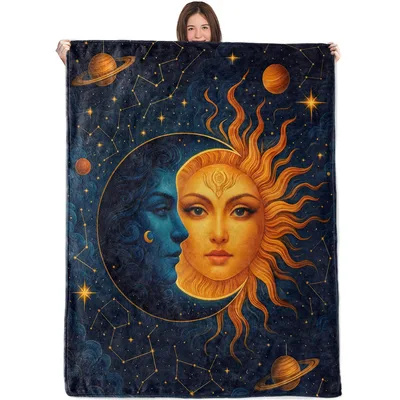 Celestial Sun and Moon Face Blanket: Cosmic Art for Stargazers