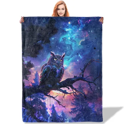 Galaxy Owl Night Sky Blanket: Cosmic Feline Perched Among Stars