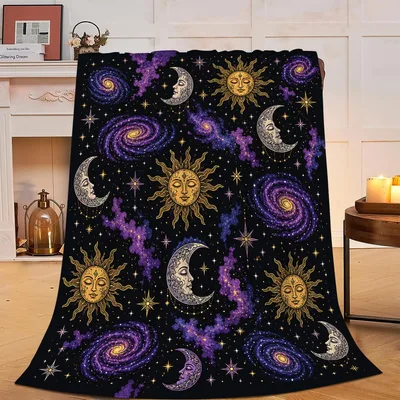 Midnight Violet Sun Blanket: Celestial Art with Galaxies and Faces