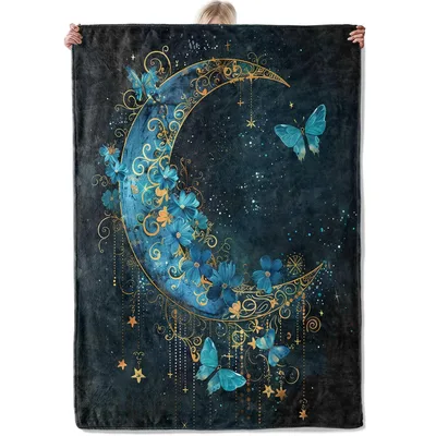 Moon Butterflies Celestial Blanket featuring an ornate crescent moon
