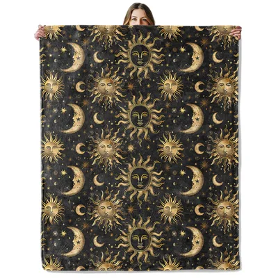 Golden Sun and Moon Celestial Blanket: Ancient Faces in Gold
