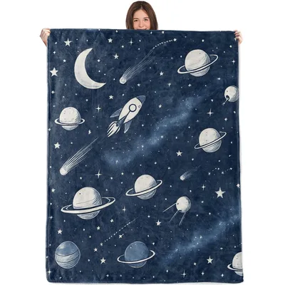 Midnight Navy Stars Blanket: Rocket Ship and Planet Design