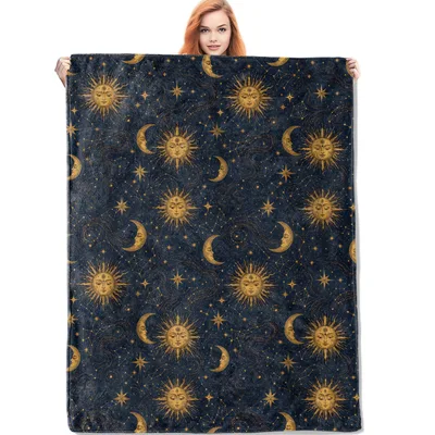 Midnight Gold Sun Blanket: Celestial Sun Moon Stars Design