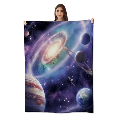 Galaxy with Planets Blanket featuring a vibrant spiral galaxy