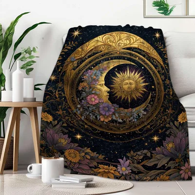 Celestial Sun Moon Floral Blanket: Gothic Boho Cosmic Design