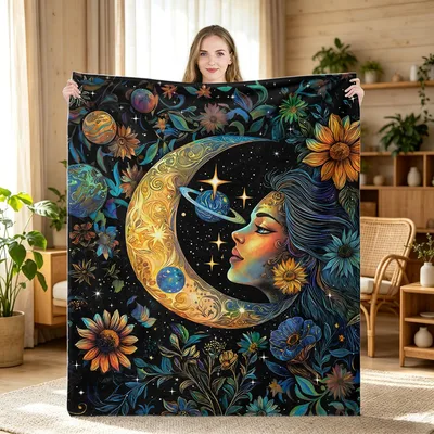 Celestial Moon Goddess Art Blanket: Cosmic Floral Design