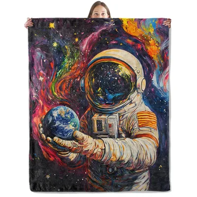 Astronaut Space Art Blanket: Vibrant Cosmic Scene with Earth