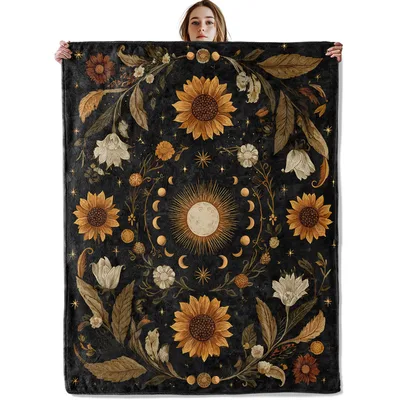 Sunflower Moon Celestial Blanket: Vintage Sunflowers and Moon Phases