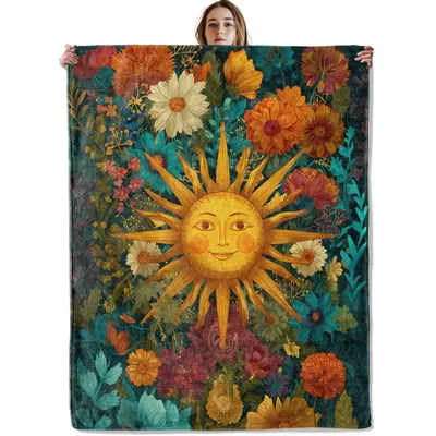 Sun Face Celestial Flowers Blanket: Vintage Sun and Wildflower Art