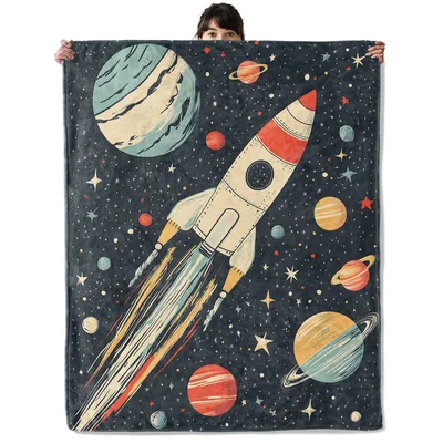 Retro Rocket Space Planets Blanket featuring a vintage rocket ship