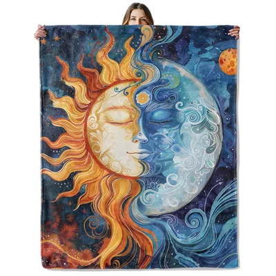 Sun Moon Celestial Art Blanket featuring a split sun