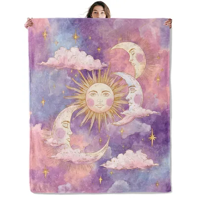 Sun and Moon Celestial Sky Blanket with Faces and Stars