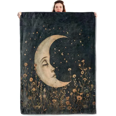 Celestial Moon Blanket: Serene Crescent with Wildflowers and Stars