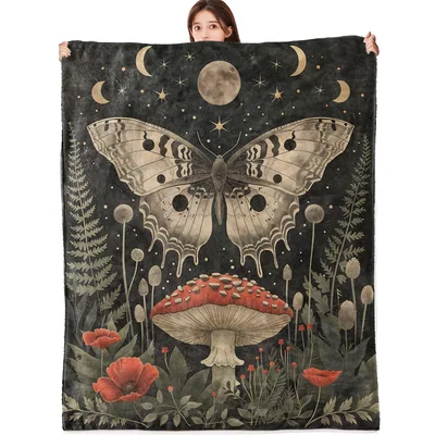 Moth Moon Mushroom Blanket featuring a large moth