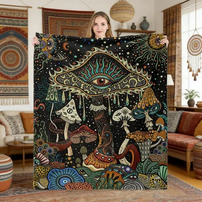 Psychedelic Mushrooms and Eye Blanket: Cosmic Fungi Design