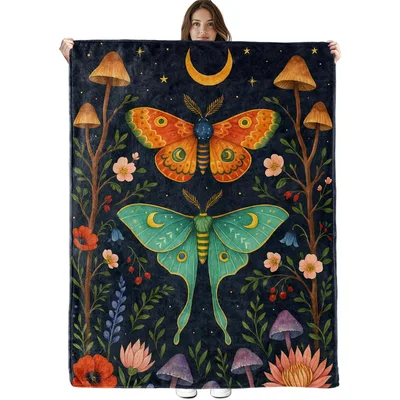 Moth and Mushroom Moon Garden Blanket Celestial Night Scene