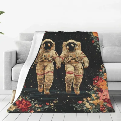 Astronauts Holding Hands Floral Blanket: Space and Flowers
